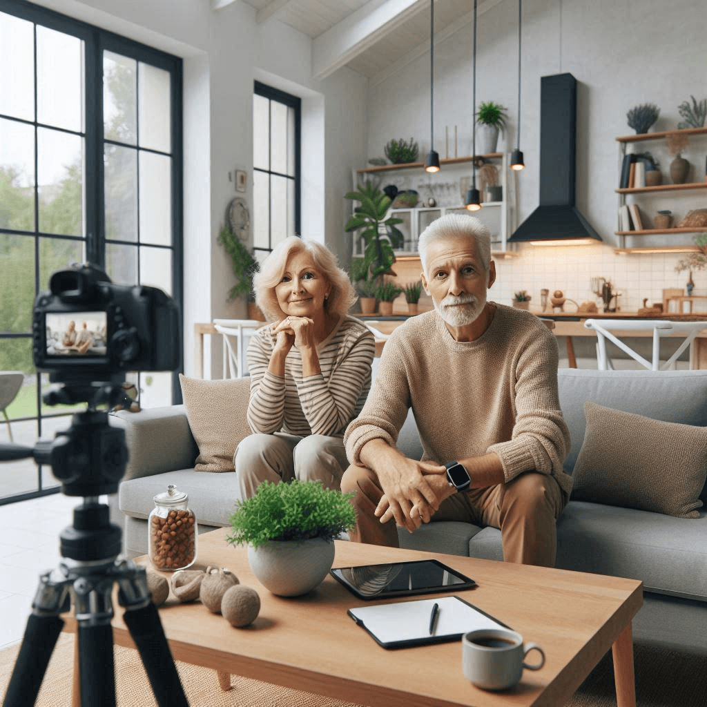 Elderly couple surrounded by Smart Technology taking a photo for social media