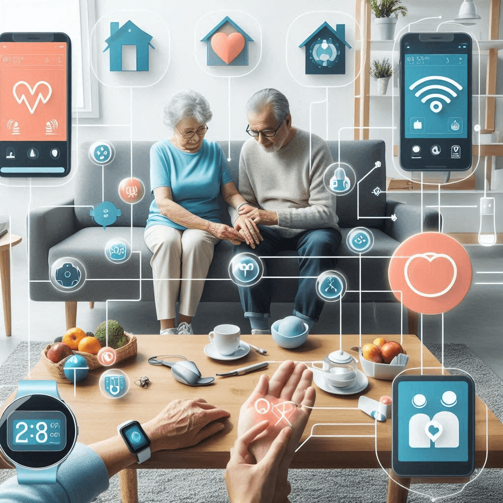 Elderly couple surrounded by Smart Technology